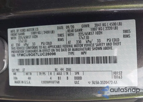 2020 Ford Escape Se z USA, uszkodzony, nr VIN 1FMCU9G67LUC28098